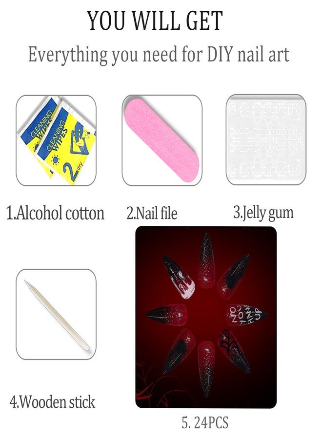 WAFOLOZE Halloween Press on Nails Long Tip Claret Ombre Fake Nails with Spider Web a Little Glitter Glossy Design, Artificial False Nails Press Ons Glue on Nails For Women - Image 5